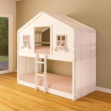 Imagem de Beliche Montessoriano Casinha Dos Sonhos Com Cortina Madeira Maciça Branco/rosa Housin
