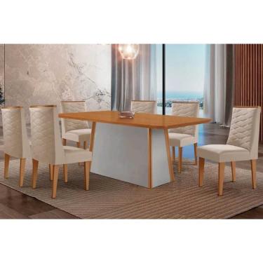 Imagem de Conjunto: Mesa Sala Jantar Tilia c/ Tampo Madeirado Canto Curvo 180x90cm e 6 Cadeiras Dafne Naturale/Off White - Suede Creme - Rufato