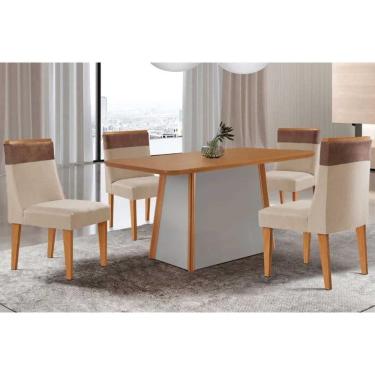 Imagem de Conjunto: Mesa Sala Jantar Tilia c/ Tampo Madeirado Canto Curvo 120x80cm e 4 Cadeiras Jaspe Naturale/Off White - Suede Creme - Rufato