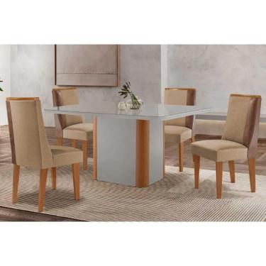 Imagem de Conjunto: Mesa Sala Jantar Pietá c/ Tampo Madeirado c/ Vidro Canto Curvo 120x80cm e 4 Cadeiras Tilia Naturale/Off White - Linho Bege - Rufato