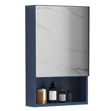 Imagem de Armário de banheiro de alumínio azul com espelho retangular, armário de remédios montado na parede para banheiro, quarto e sala de estar, 40 x 11 x 65 cm, solução de armazenamento elegante