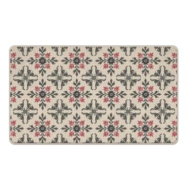 Imagem de Livcoz Tapete de porta da frente vintage floral bem-vindo, tapete decorativo geométrico de flores retrô, tapete de entrada antiderrapante, decoração de cozinha de casa de fazenda discreta 43 x 73 cm