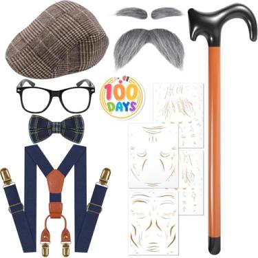 Imagem de Fabllewavi 8 peças fantasia de velho avô – chapéu, suspensórios, gravata borboleta, sobrancelhas, bigodes, óculos, crachá, tatuagem para cosplay, Azul marino, Standard