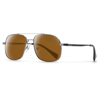 Imagem de SUNGAIT Square Aviator Óculos de sol masculinos flexíveis, têmporas de titânio, proteção UV, lentes de vidro resistentes a arranhões para dirigir, Armação de metal/lente marrom