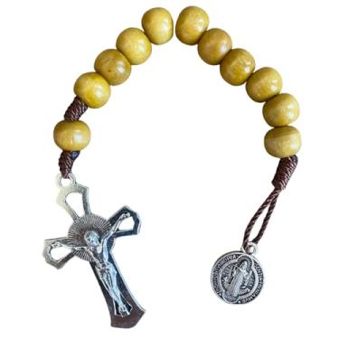 Imagem de Dezena de São Bento em Madeira 8mm com Medalha e Crucifixo Prateado Terço de Pulso e Bolso para Proteção e Oração