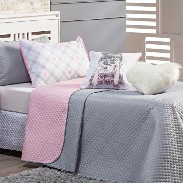 Imagem de Cobre Leito Influencer Cinza-rosa Dupla Face Com Almofadas Solteiro 05 Peças