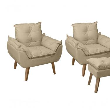 Imagem de Kit 02 Poltrona/cadeira Decorativa E Puff Glamour Opala Com Pés Quadrado Bege Linho