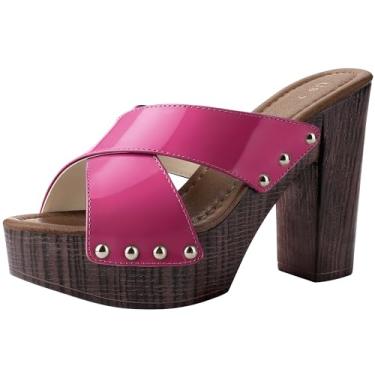 Imagem de Perphy Sandálias femininas de salto grosso com tiras cruzadas, Rosa choque, 35