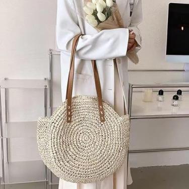 Imagem de Bolsa de Palha Praia Redonda Artesanal – Estilo Boho Vintage, Bolsa Praia Feminina Ideal para Piquenique e Dias ao Sol (Bege)