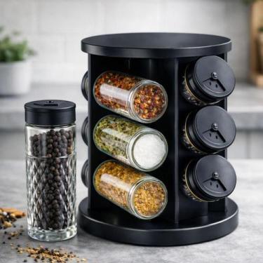 Imagem de Porta Condimentos Giratório Wellmix 6 Potes Vidro 80ml Preto Compacto