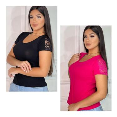 Imagem de Kit 02 Blusas detalhe de renda manga curta - GK TODA BELA, Preto, Pink