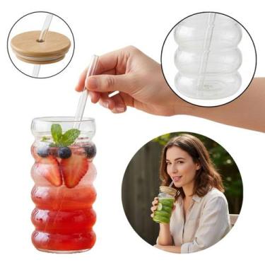 Imagem de Copo De Vidro Forma de Onda com Tampa E Canudo Gomado 550ml - Tesla St