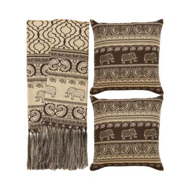 Imagem de Kit 1 manta Rústica e 2 Capas de Almofada para Sofá Indiano Marrom e B