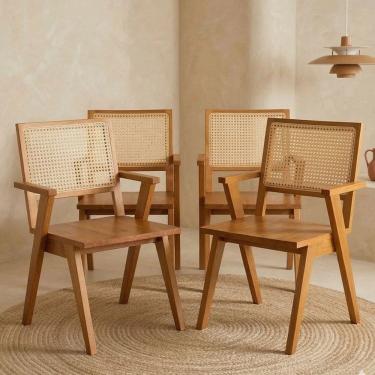 Imagem de Kit 4 Cadeiras Madeira Maciça em Palhinha Natural e Braço Angular Paglia Mel