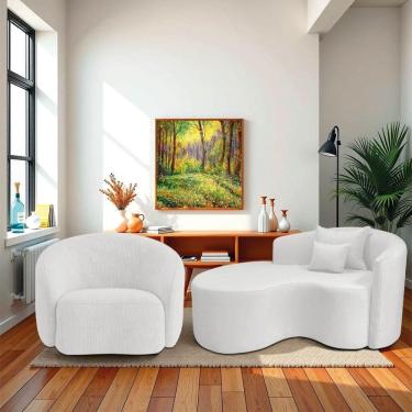 Imagem de Kit Recamier Curvo Sala De Estar 150cm Lado Esquerdo E Poltrona Orgânica Luxo Amore Bouclé Branco