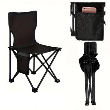 Imagem de Cadeira Praia Camping Bolso Lateral 70cm Banqueta Pesca Banco Assento Dobravel Preta Bolsa Transporte