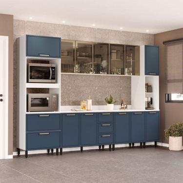 Imagem de Cozinha Completa Amara 13 Portas 4 Gavetas com Vidro 40250775 Azul/Branco - Politorno
