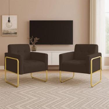 Imagem de Poltrona Sala Industrial Alta Tubo Dourado Kit 2 Elisa Suede Marrom D0