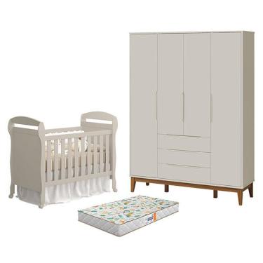 Imagem de Kit Berço Americano Danny com Colchão Gazin e Guarda Roupa 4 Portas Elfe Classic MDF Areia Acetinado Amadeirado Reller