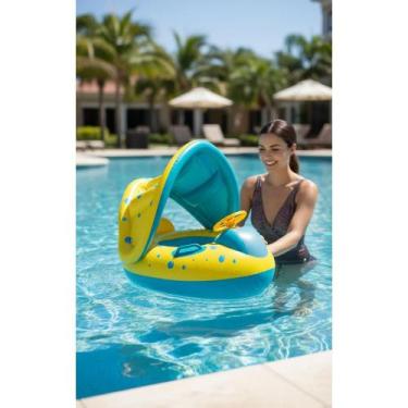 Imagem de 2x Boia Carrinho Bebê Piscina C/ Cobertura UV Azul/Amarelo - Congratul