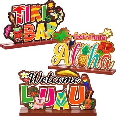 Imagem de Blulu Luau Party Signs Aloha Signage Tiki Party Table Decoration, Tropical Summer Hawaiian Birthday Party Baby Shower Yard Decoration, Welcome Luau Aloha Let's Hula Tiki Bar Centerpiece, 3 Pieces