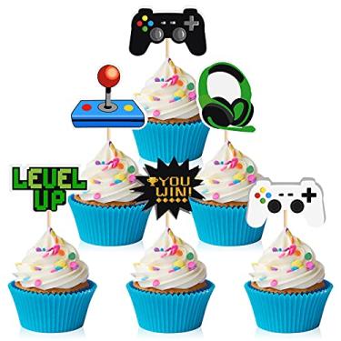 Imagem de MIAHART 60 peças de temas de videogame, topos de bolo, 6 estilos, palitos de cupcake, decorações para crianças, jogos, aniversário, fãs, lembrancinhas de festa