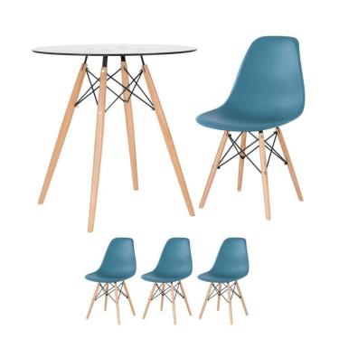 Imagem de Mesa Redonda Eames Com Tampo De Vidro 70 Cm + 3 Cadeiras Eiffel Dsw Turquesa