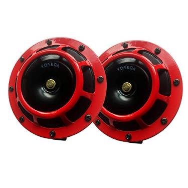 Imagem de YONEDA Chifres de carro de montagem em grade elétrica 12 V qualidade premium dupla buzinas de supertom vermelho kit de buzina de carro alto e baixo tom duplo chifres de disco resistente ao clima