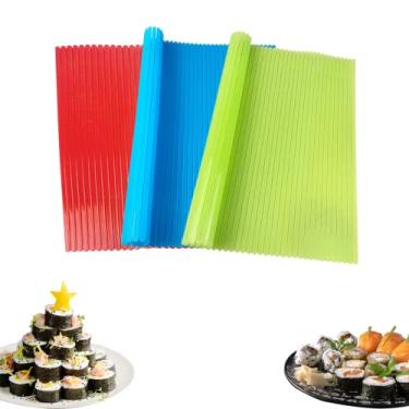 Imagem de 3 peças de tapete de sushi, tapete de sushi de 21 cm x 23 cm, tapete de sushi antiaderente, tapetes de sushi vermelho, verde e azul, rolo de tapete de sushi durável para sushi faça você mesmo caseiro