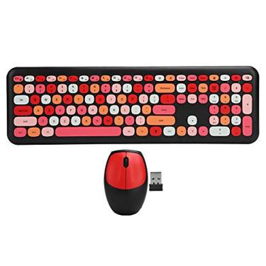 Imagem de Conjunto de mouse com teclado sem fio 2,4 G 110 teclas coloridas para teclado de computador, mouse combinados com mouse e teclado redondo retrô com USB, bonito para laptop, desktops, PC (preto)