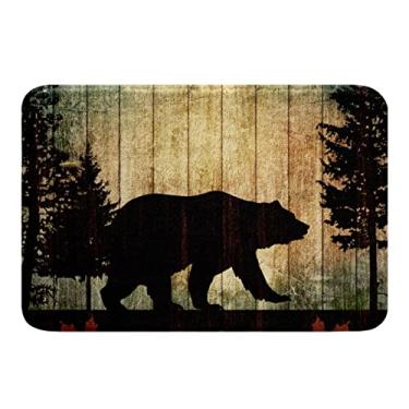 Imagem de Erosebridal Tapetes de banho de urso preto decoração rústica, tapetes de banheiro de animais da floresta decoração da vida selvagem, tapete de porta de pinheiro de planta 16" x 24", pintura a óleo tapete de banho vintage retrô decoração de cabine de madeira