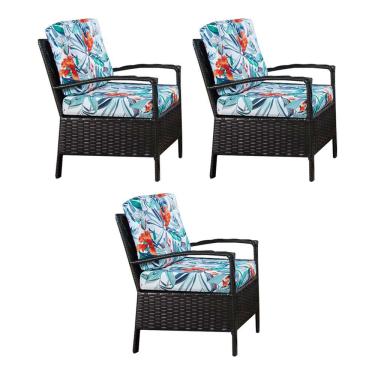 Imagem de Kit 3 Poltronas em Fibra Sintética para Jardim e Varanda Base Aço Guaratuba - Café