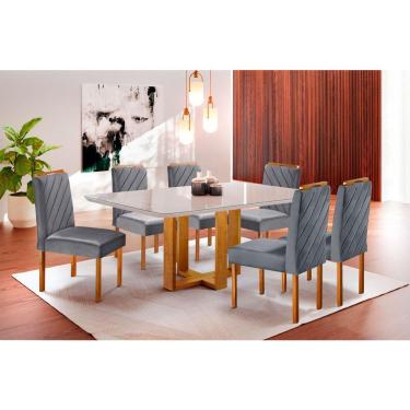 Imagem de Conjunto Sala de Jantar 6 Lugares Mesa Tampo em Vidro e Cadeiras Lisy Veludo Móveis Mix