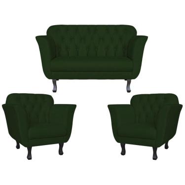 Imagem de Kit Namoradeira + 2 Poltronas Decorativa Dália Suede Verde Pés Madeira Mz Decor