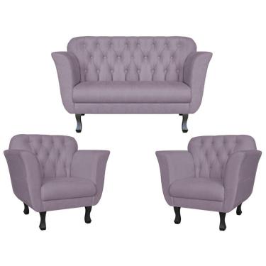 Imagem de Kit Namoradeira + 2 Poltronas Decorativa Dália Suede Rosê Pés Madeira Mz Decor