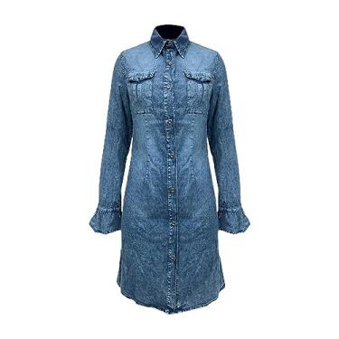 Imagem de UIFLQXX Vestido jeans feminino outono/inverno slim lays vestido moda casual vestido envoltório saias para mulheres comprimento médio, Azul, M