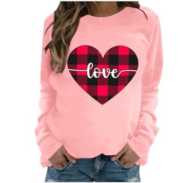 Imagem de SHOPESSA Camisas de Dia dos Namorados para Mulheres Love Heart Graphic T-Shirt Gola Redonda Jersey Roupas de Primavera para Mulheres 2024, Tops de coração xadrez rosa, G