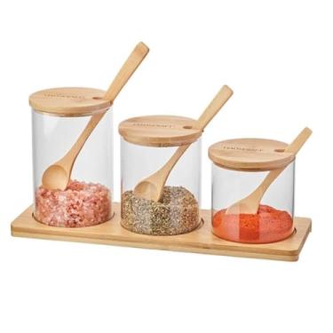 Imagem de PORTA-CONDIMENTO 3 POTES DE VIDRO COM COLHER E SUPORTE DE BAMBU