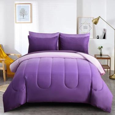 Imagem de Jogo de cama King roxo reversível gradiente roxo com edredom, lençóis, fronhas e fronhas, 7 peças