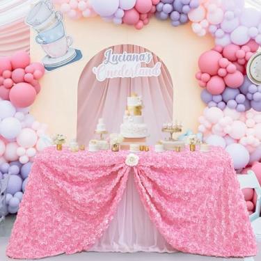 Imagem de Fanqisi Toalha de mesa rosa roseta 127 x 203 cm retangular toalha de mesa roseta 3D cetim para jantar, casamento, festa de aniversário, decoração de mesa