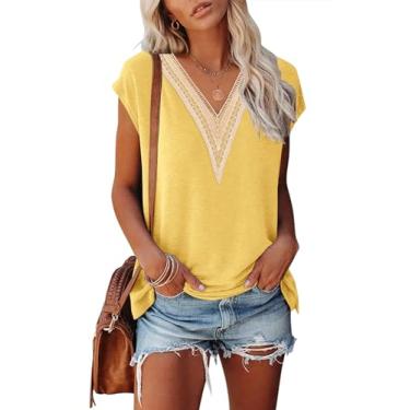 Imagem de MEROKEETY Blusa feminina casual de manga cavada com acabamento em renda e gola V 2024 camisetas soltas de verão, Amarelo, G