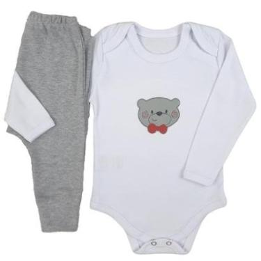 Imagem de Conjunto Body Manga Longa com Bordado/Aplique Ursinho e Calça Saruel Mijão - Roupa Bebê Menino-Masculino