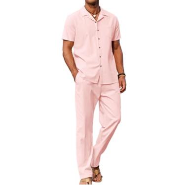 Imagem de COOFANDY Conjunto masculino de 2 peças de linho para praia, camisa de botão, casual, calça solta, Rosa claro, 3G