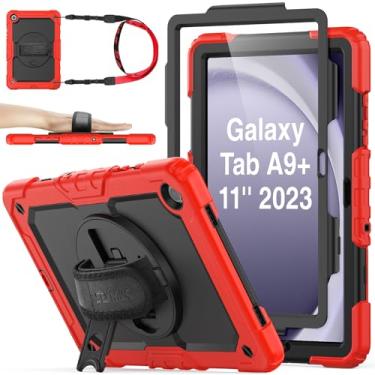 Imagem de SEYMAC stock Capa à prova de choque com alça de mão de 360° para Samsung Galaxy Tab A9 Plus 11 polegadas, vermelho + preto