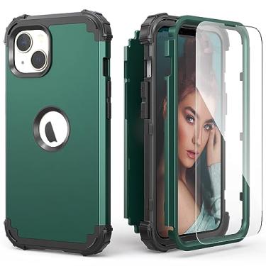 Imagem de IDweel Capa para iPhone 15 com protetor de tela de vidro temperado, 3 em 1, à prova de choque, fina, híbrida, resistente, capa de silicone macio, capa completa, verde grafite