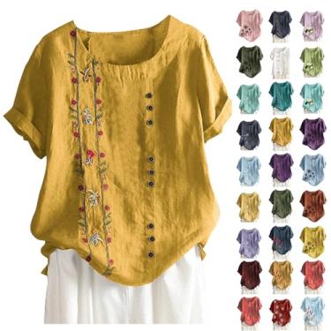 Imagem de Lainuyoah Camisetas femininas vintage estampadas de linho gola redonda boêmio estampado/bordado na moda blusas de manga enrolada, A - amarelo, M