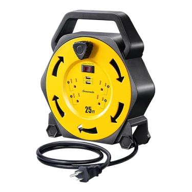 Imagem de DEWENWILS Carretel de Cabo com 4 Tomadas, 2 Portas USB (Carga Rápida de 3,4 A), Cabo SJTW 16/3 Resistente, Disjuntor de 13A, Vento Manual, Amarelo, Listado pela UL