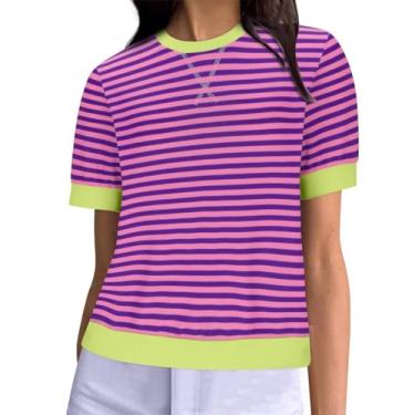 Imagem de Nagub Camisetas femininas grandes de manga curta listradas coloridas gola redonda casual roupas de verão 2024 na moda, Z - A - Roxo, XXG