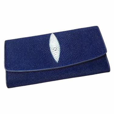 Imagem de Carteira feminina longa com três dobras em couro genuíno para homens e mulheres em estilo unissex, Azul escuro, 19cm x 10cm x 3cm, Moda e lazer