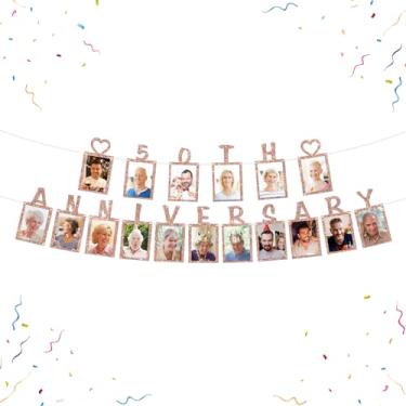 Imagem de WeBenison Banner de fotos de aniversário de 50 anos masculino feminino 50º aniversário porta-retrato Cheers to 50 anos decorações de bandeira aniversário de casamento banner ouro rosa glitter